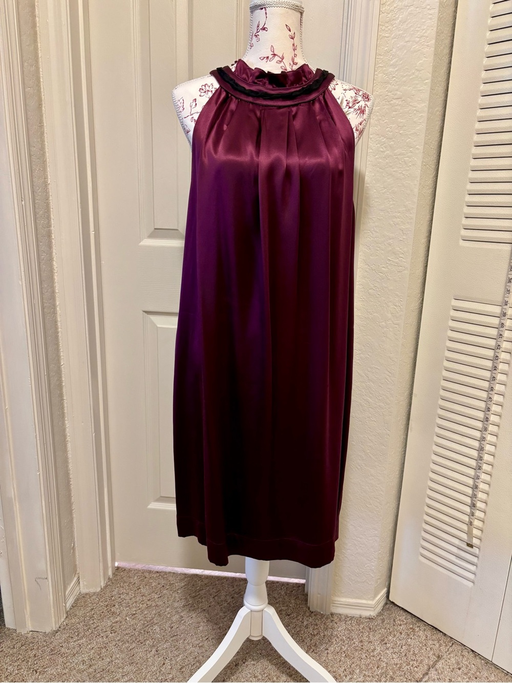 Sleeveless Satin Midi Dress in Plum with Gathered Halter Neck
